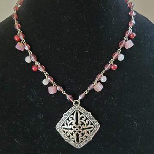 Victor Janson VJ Silver Tone Ornate Pendant with Pale Purple Beads & Stones